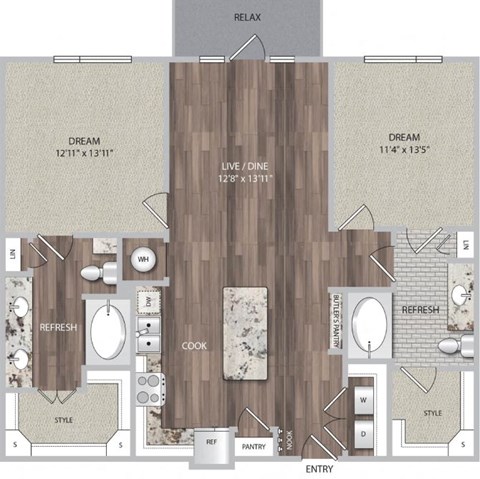 Floor plan for 2 beds, 2 baths, 1158 sqft